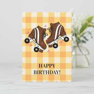 Roller Skate Skating Peach Gingham Birthday Julkort