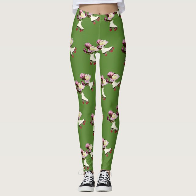 Roller Skates Peony Flowers Anpassningsbar Legging (Framsida)