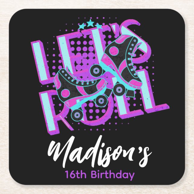 Roller Skates Sweet 16 Tema Födelsedagsfest Underlägg Papper Kvadrat (Framsidan)