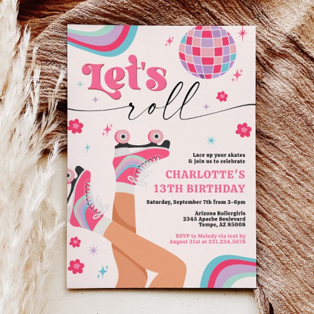 Roller Skating Birthday bjudande Groovy Rainbow Inbjudningar (Roller Skating Birthday Invitation Groovy Rainbow)