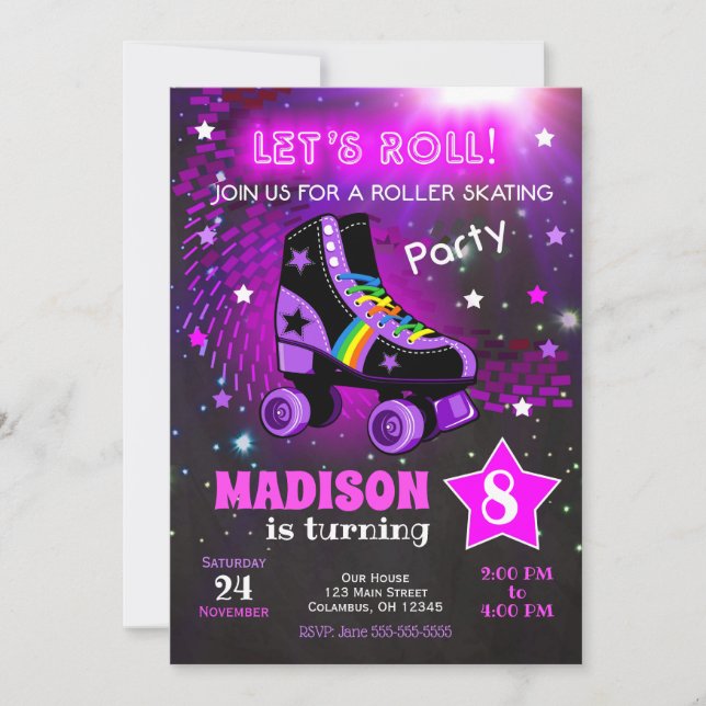 Roller Skating Birthday Party Invitation / Neon Inbjudningar (Framsida)