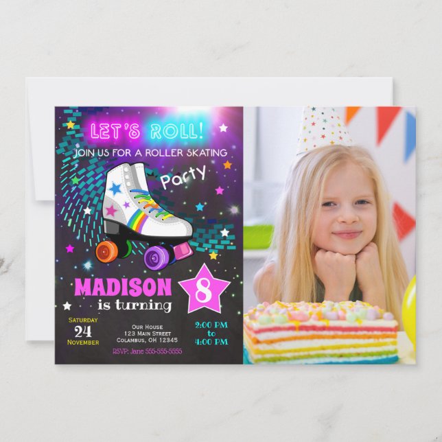 Roller Skating Birthday Party Invitation / Neon Inbjudningar (Framsida)