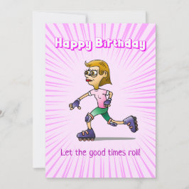 Roller Skating Girl Rosa Birthday Kort