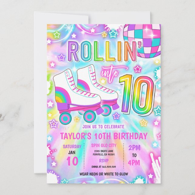 Roller Skating Neon Glow 10:e Födelsedagsfesten Inbjudningar (Framsida)