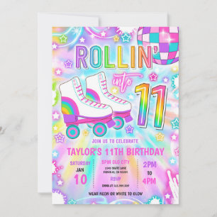 Roller Skating Neon Glow 11:e Födelsedagsfesten Inbjudningar