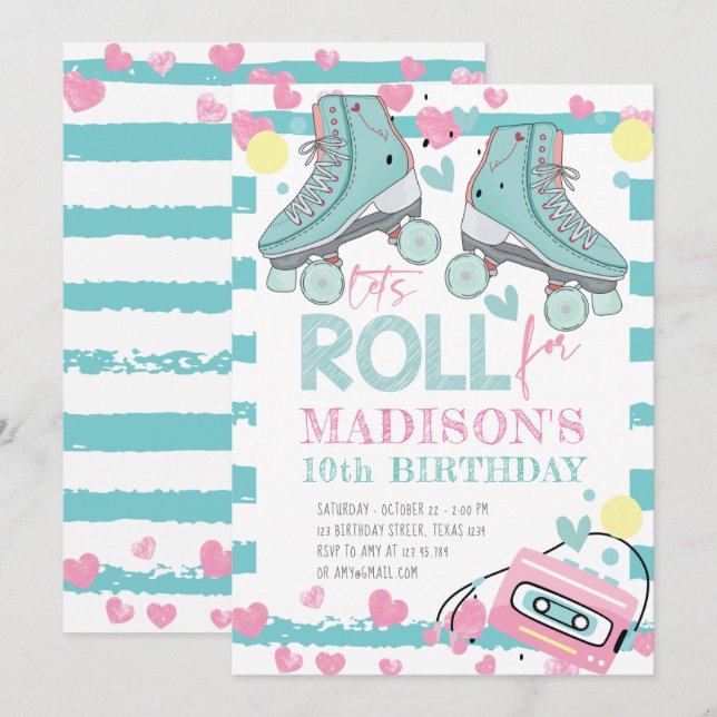 Roller Skating Pastel Blue Rosa Girl Birthday Inbjudningar (Fram/baksida)