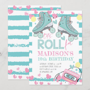 Roller Skating Pastel Blue Rosa Girl Birthday Inbjudningar