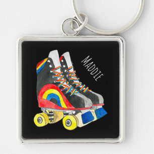 Rollerskates retro åttties art fyrkantig silverfärgad nyckelring