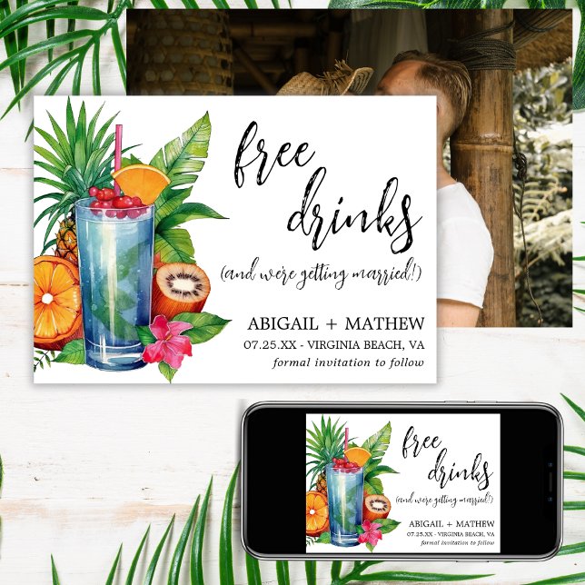 Rollig Tropisk Fruktcocktail Trendig Foto Bröllop Spara Datumet (Funny Tropical Fruit Cocktail Trendy Photo Wedding Save The Date)