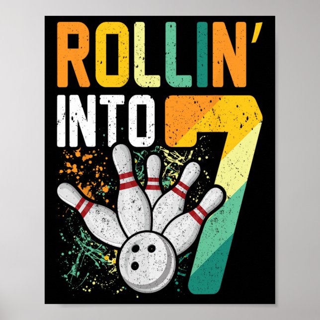 Rollin i 7 Retro Bowling Födelsedagsfest 7:e Bir Poster (Framsidan)