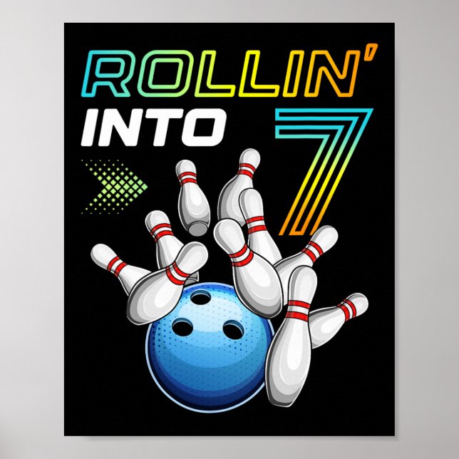 Rollin i 7 Retro Bowling Födelsedagsfest 7:e Bir Poster (Framsidan)