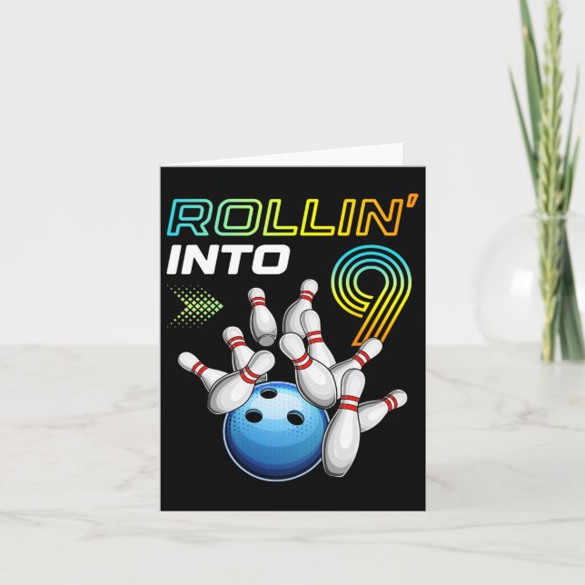 Rollin i 9 Retro Bowling Födelsedagsfest 9th Bir Kort (Framsida)