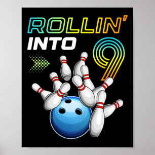 Rollin i 9 Retro Bowling Födelsedagsfest 9th Bir Poster