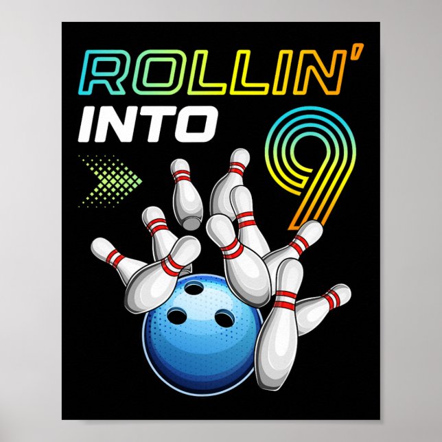 Rollin i 9 Retro Bowling Födelsedagsfest 9th Bir Poster (Framsidan)