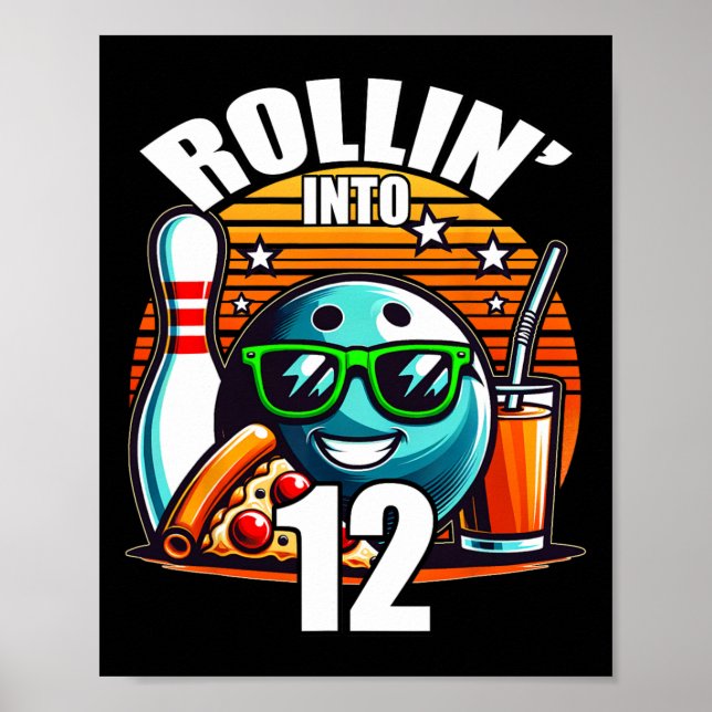 Rollin Into 12 Bowling Birthday Party 12th Birthda Poster (Framsidan)