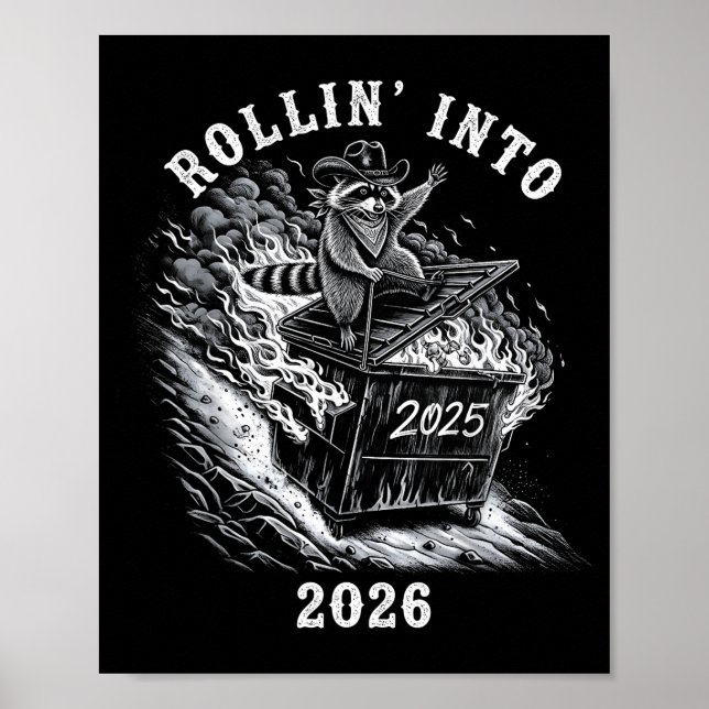 Rollin' Into 2026 Funny Cowboy Raccoon Happy New Y Poster (Framsidan)