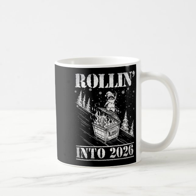 Rollin' Into 2026 Funny Raccoon Dumpster Fire Art  Kaffemugg (Höger)