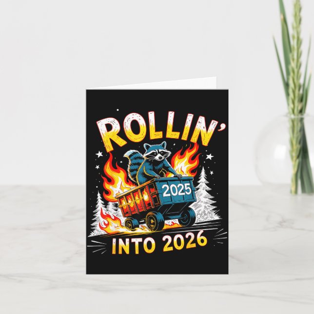 Rollin Into 2026 Funny Raccoon New Year Meme  Kort (Framsida)