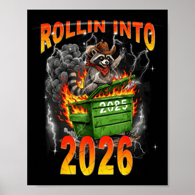 Rollin Into 2026 New Year 2026 Raccoon Cowboy Vint Poster (Framsidan)