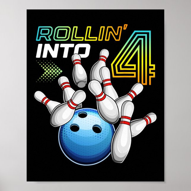 Rollin Into 4 Retro Bowling Birthday Party 4th Bir Poster (Framsidan)