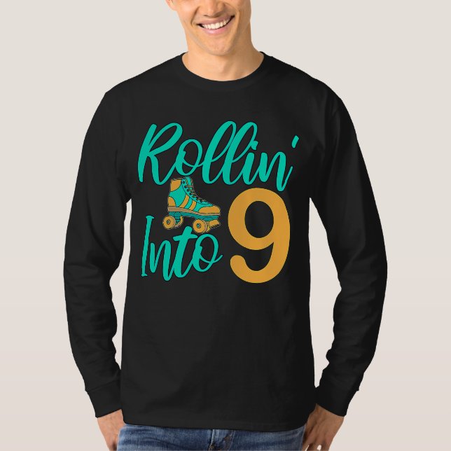 Rollin to 9 Roller Derby Skating Party Birthday T Shirt (Framsida)