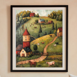 Rolling Backe Farm House Folk Art Oljemålning Post Poster