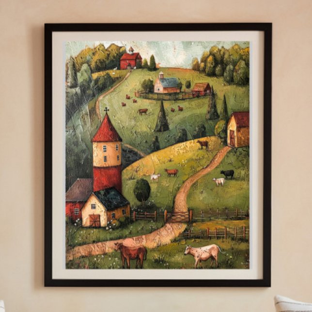 Rolling Backe Farm House Folk Art Oljemålning Poster (Skapare uppladdad)