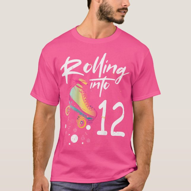 Rolling Into 12 Backprint Roller Skating Birthday T Shirt (Framsida)