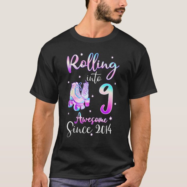 Rolling Into 9 Awesome Since 2014 9th Bday Roller  T Shirt (Framsida)