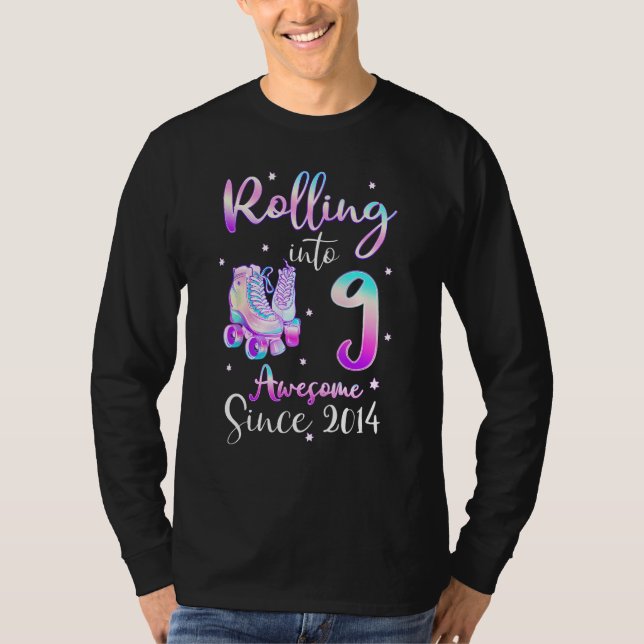 Rolling Into 9 Awesome Since 2014 9th Bday Roller  T Shirt (Framsida)