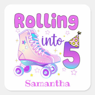Rolling to 5 - Cute Lila Roller Skate Birthday Fyrkantigt Klistermärke