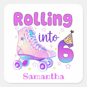 Rolling to 6 - Cute Lila Roller Skate Birthday Fyrkantigt Klistermärke