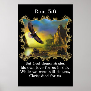 Rom 5:8 med en örfil som flyger över landskapet. poster