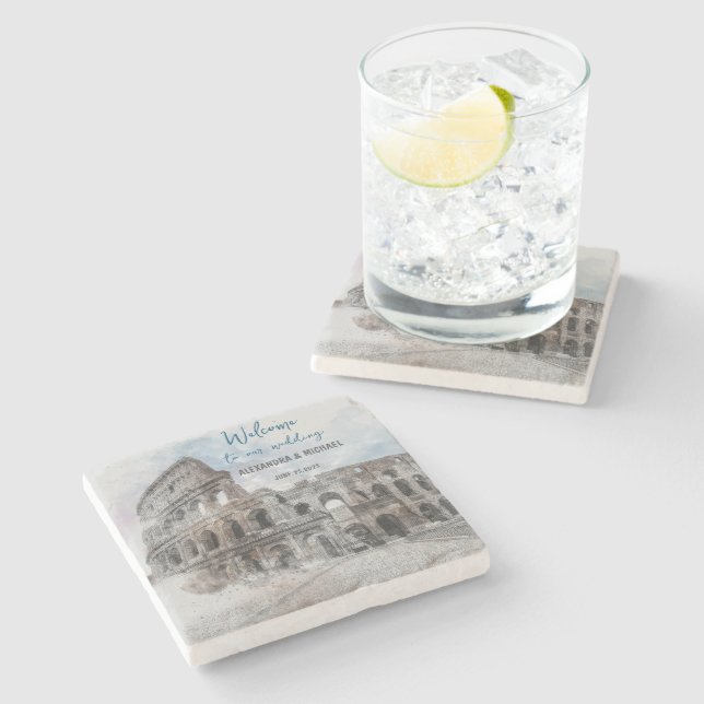 Rom Italien Akvarell Bröllops Coaster – Anpassad Stenunderlägg (Sidan)