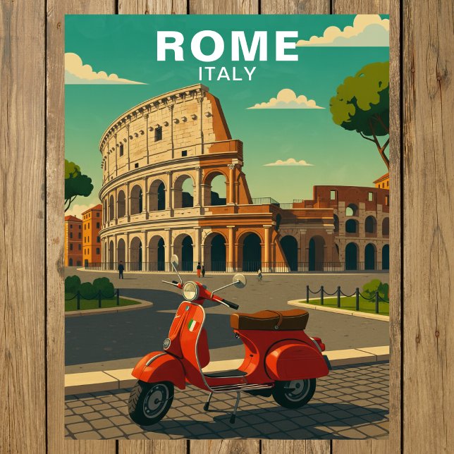 Rom Italien Antika Colosseum & Retro Scooter Vykort (Rome Italy Ancient Colosseum & Retro Scooter Postcard)