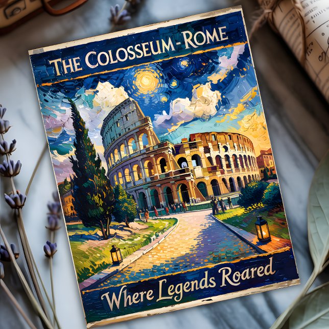 Rom Italien Travel Colosseum Starry Night Van Gogh Vykort (Italy Rome Colosseum in Van Gogh Starry Night Style)