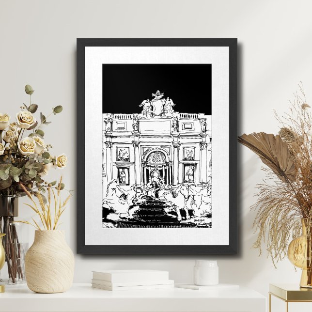 Rom Trevi Fontän Black White Travel Art Skriv ut Poster (Rome Trevi Fountain Black White Travel Art Print)