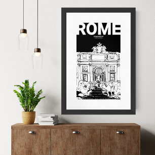 Rom Trevi Fontän Black White Travel Sketch Poster