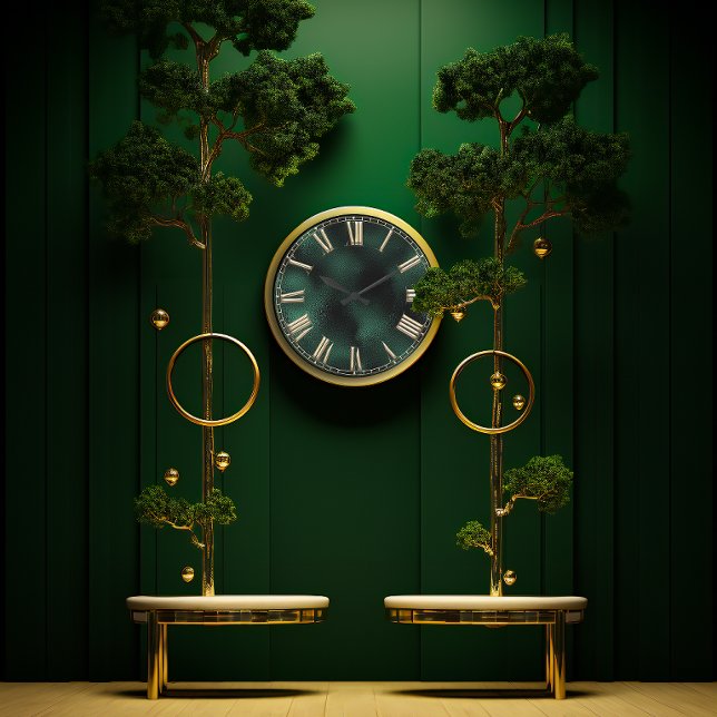Roman Number Tropical Monstera Grönt Guld Metallic Stor Klocka (Roman Number Tropical Monstera Green Gold Metallic Large Clock)