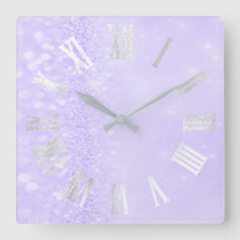 Roman Numbers Silver Grått Lavender Glitter Glam Fyrkantig Klocka