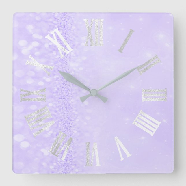 Roman Numbers Silver Grått Lavender Glitter Glam Fyrkantig Klocka (Framsida)