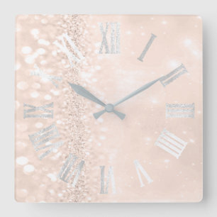 Roman Numbers Silver Grått Peach Glitter Glam Fyrkantig Klocka