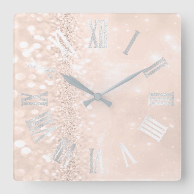 Roman Numbers Silver Grått Peach Glitter Glam Fyrkantig Klocka (Framsida)