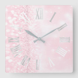 Roman Numbers Silver Grått Rosa Glitter Girly Fyrkantig Klocka