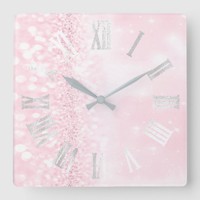 Roman Numbers Silver Grått Rosa Glitter Girly Fyrkantig Klocka (Framsida)