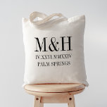Roman Numeral Date, Initialer, City Bröllop Welcom Tygkasse<br><div class="desc">Dessa moderna minimalistiska bröllop tote bags gör underbara gåvor från brudens sida,  välkomstpåsar eller fördelar. Rengör minsta möjliga design i din stad initialer och bröllop i moderna svarta serif-bokstäver. Ditt bröllop-datum med romerska siffror ger en chic och oväntad beröring.</div>