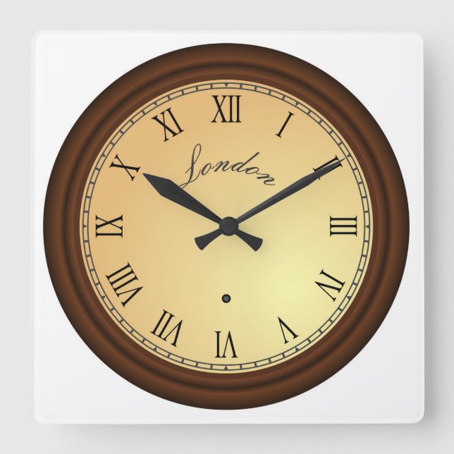 Roman Numeral Simulated Wood Ram London Fyrkantig Klocka (Framsida)