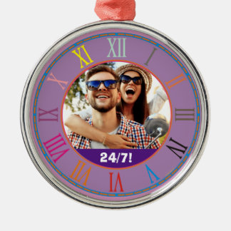 Roman Numerals Clock 24/7! Lycklig Roligt par foto Julgransprydnad Metall