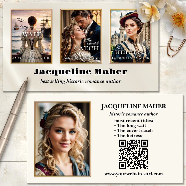 Romana Författarens Bokomslag Foto Visitkort (Historic or romance author book cover photo business card with QR code template)