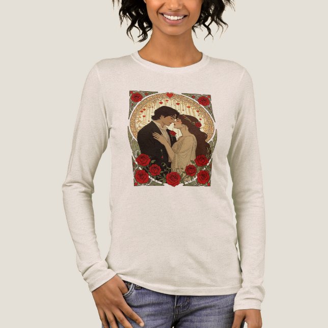 Romance And Red Roses Art Nouveau Illustration T Shirt (Framsida)